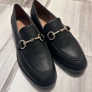 H&M Black Leather Slip-On Loafers with Gold Accent